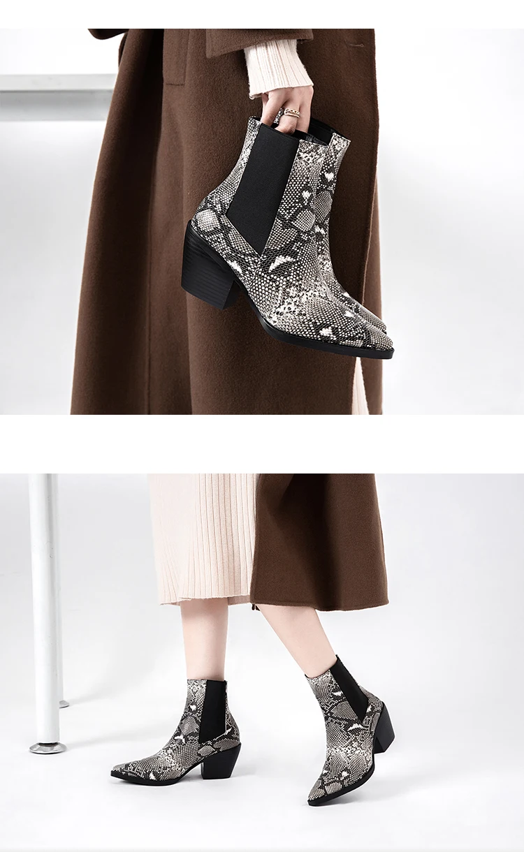 Осенние ботильоны; женские ботинки из искусственной кожи на высоком квадратном каблуке в западном стиле; модные зимние полусапожки с острым носком на молнии; женская обувь