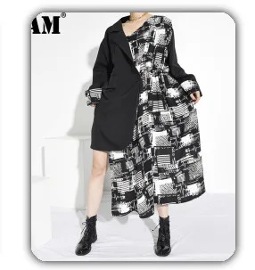 [EAM] Women Red Pattern Printed Big Size Dress New Stand Collar Long Sleeve Loose Fit Fashion Tide Spring Autumn 2020 1DA115