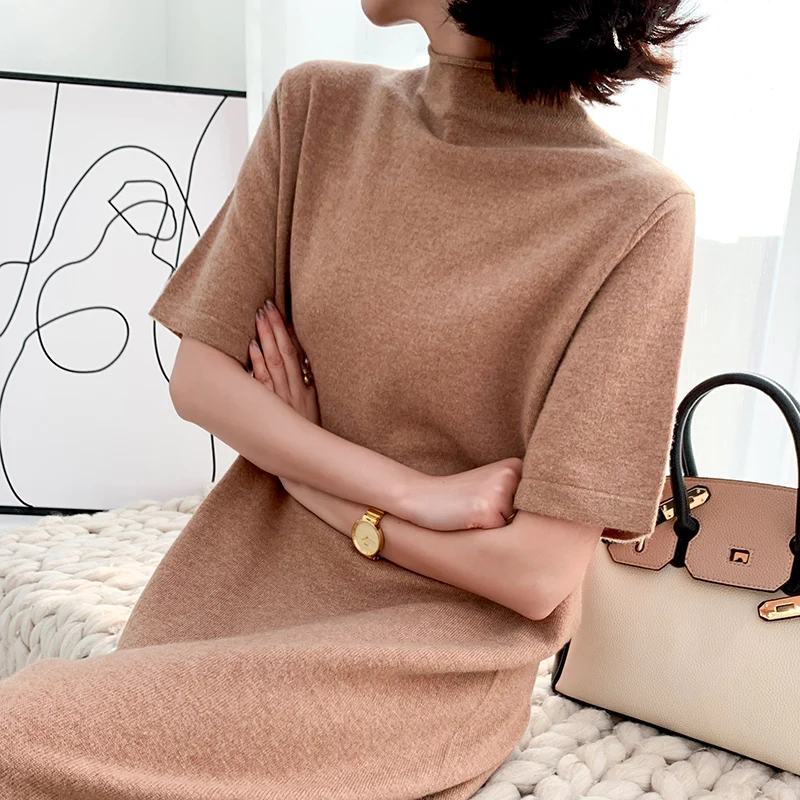 High-End Cashmere Women Casual Long Knees Dresses