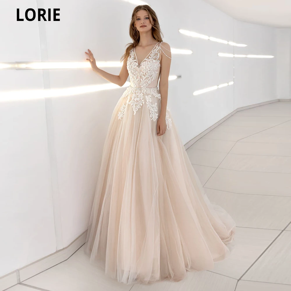 

LORIE Champagne Beach Wedding Dresses 2021 V-neck Sleeveless Lace Appliques With Beading Boho Bridal Gowns Vintage Custom Made