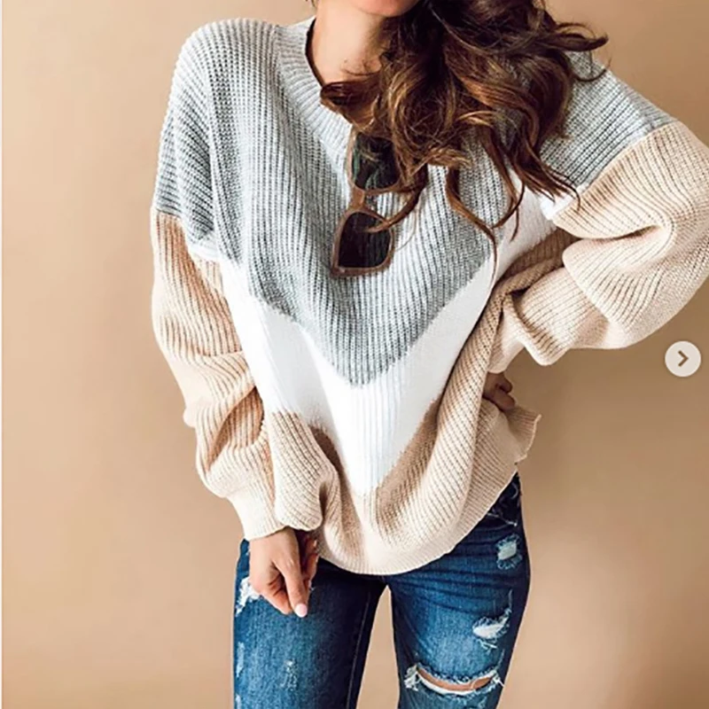 

Patchwork Plus Size Wool Sweater Autumn Winter Warm Full Sleeve Pullovers Sweater Female Casual Loose Striped Top Knit Sweaters