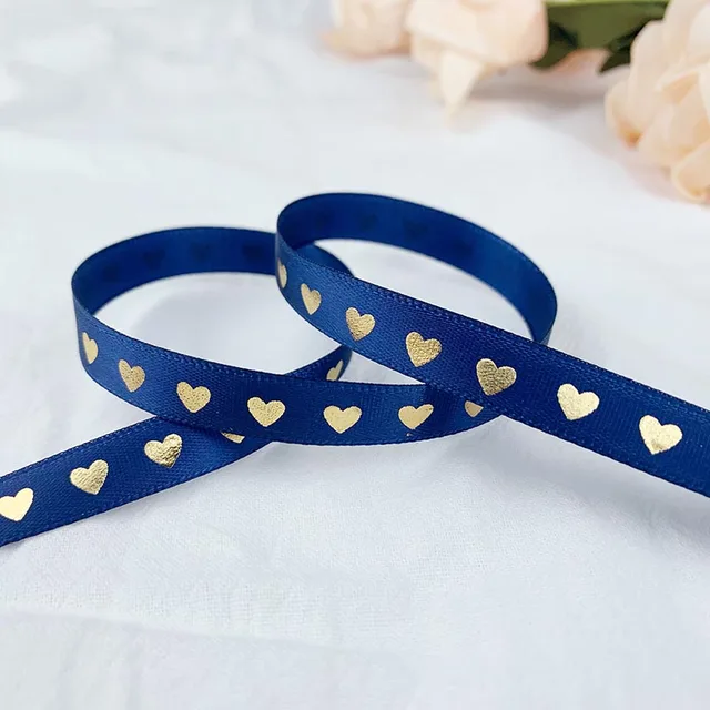 5 Yards 10mm Satin Ribbons Heart Pattern Printed Ribbon For Crafts DIY Bow Handmade Gift Wrap Party Wedding Christmas Decor Navy