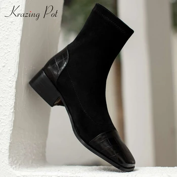 

krazing pot Chelsea boots real leather stone pattern all-match stretch square toe thick med heel slip on mature ankle boots L48