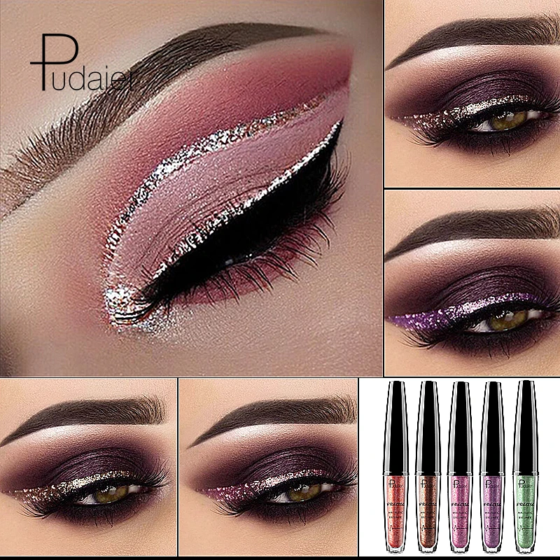 Pudaier Heavy Metal Pearlescent Eyeliner Highligit Metal Eyeliner Silkworm Sparkle Liquid Eyeliner Series 16 Colors
