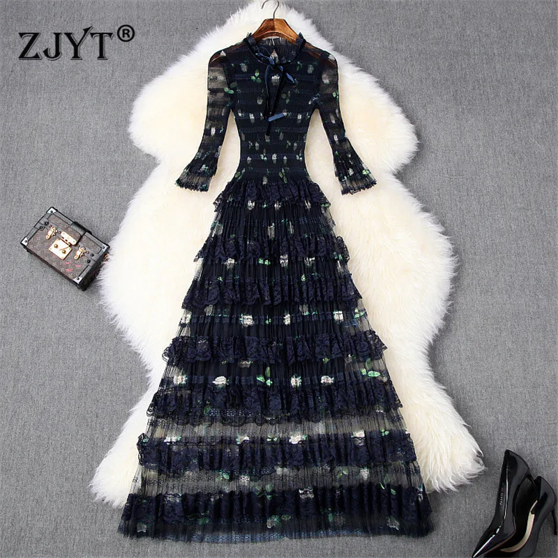 2020 Lente Jurk Vrouwen Elegant Runway Designer Bloemenprint Kant Patchwork Ruche Gelaagde Sexy Mid Calf Evening Party Jurken 2020 Lente Jurk Vrouwen Elegant Runway Designer Bloemenprint Kant Patchwork Ruche Gelaagde Sexy Mid Calf Evening Party Jurken