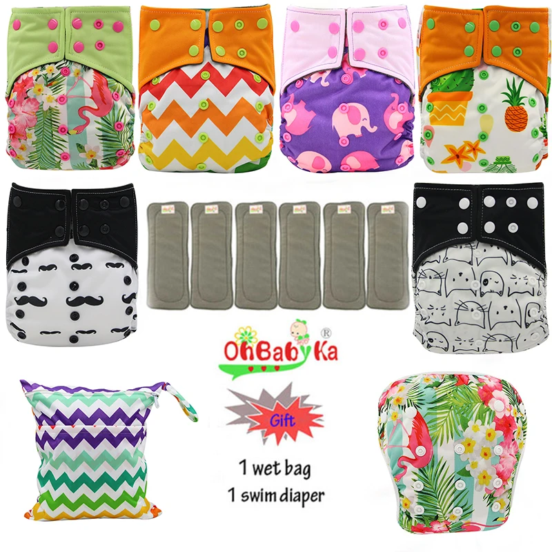 OhBabyKa Многоразовые Все-в-два карман подгузник бамбуковый уголь детская Пеленка из моющейся ткани чехол+ 6 шт бамбуковые вставки детские подгузники - Цвет: 82