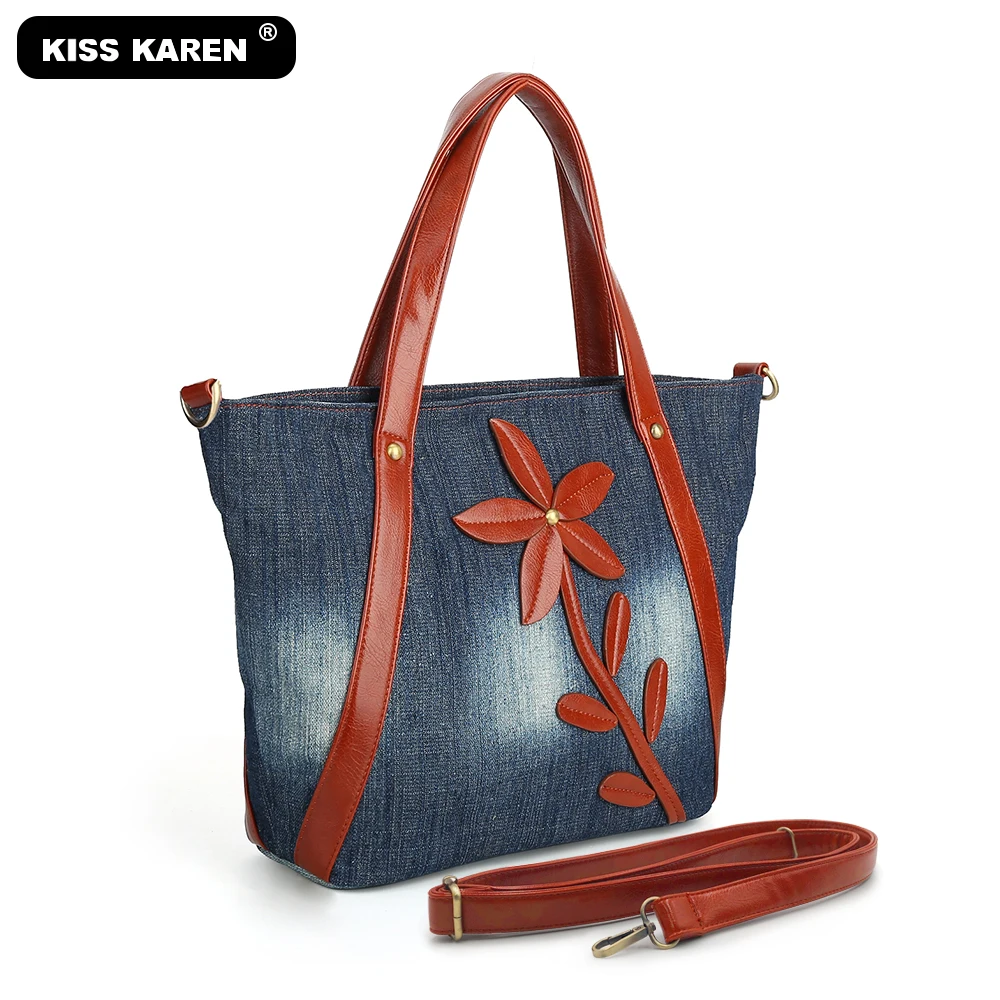 KISS KAREN винтажные Цветочные Джинсовые сумки-тоуты, женская сумка с верхней ручкой, женские сумки через плечо, джинсы, женские сумки, Повседневная модная сумка-тоут - Цвет: Denim Blue