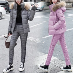 Natural fox fur collar winter Down Jacket + Cotton Trousers Two-piece Suit Ski Suit Cold and Windproof warm cotton pant sets