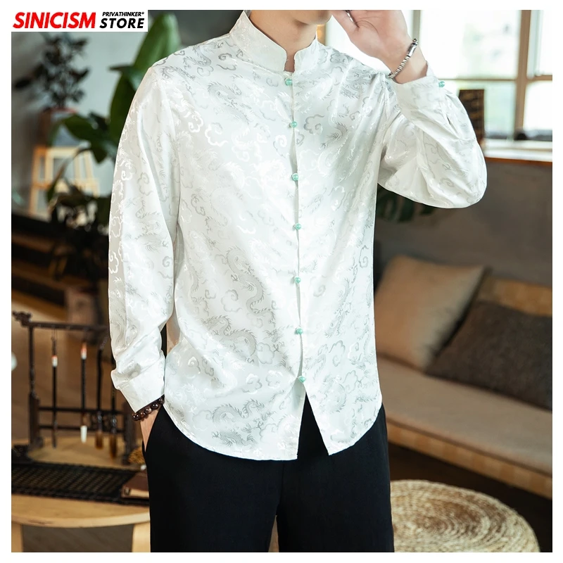Sinicism магазин Осенняя мужская шелковая и атласная дизайнерская рубашка мужская рубашка с длинными рукавами и жемчужной пряжкой мужская верхняя одежда больших размеров 5XL