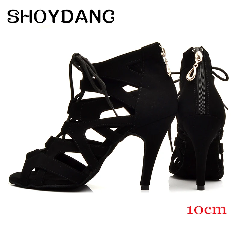 Black Suede Latin Dance Shoes Ladies High Heel Brown High Banded Ballroom Dance Shoes Stage Performance Party Indoor Soft Bottom