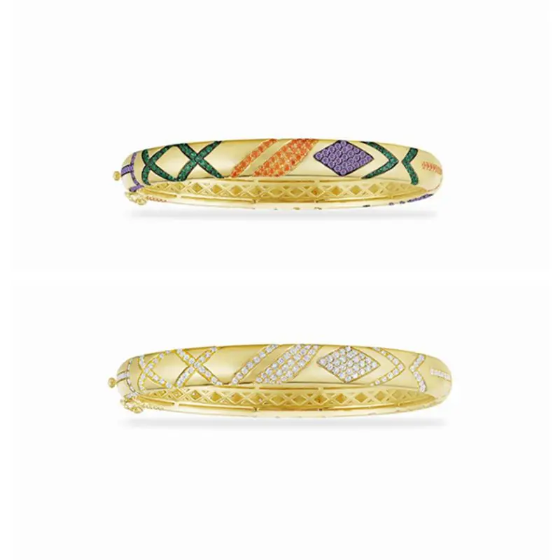 Hot 925 Sterling Silver Cross Cuff Bangle Single Multicolor Zircon Geometric Pattern Colorful Tribal Women Wedding Mana Jewelry | Украшения
