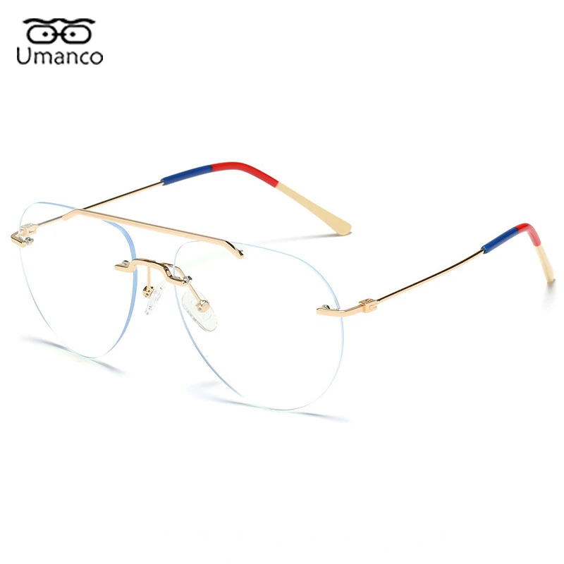 blue lens glasses Double Beam Rimless Glasses for Men Women Oversized Anti Blue Light Eyeglasses Flat Mirror Optical Prescription Glasses Frame anti blue light glasses