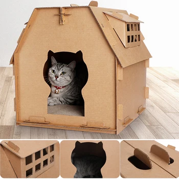 

Furniture DIY Carton Box Self Assembly Scratch Board Tools Cat House Kitten Corrugated Paper Indoor Have Small Window Toys Pet