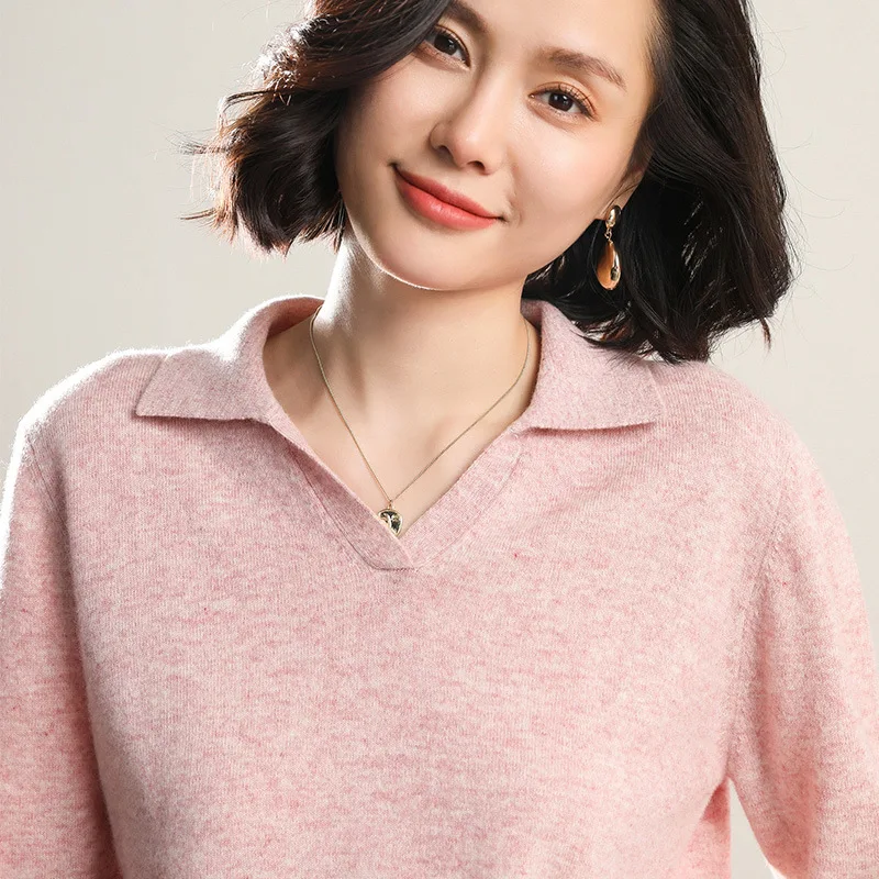 

Sparsil Women Turn-Down Collar 100%Wool Sweater Knitted Pulloves POLO Solid Color All Match Soft Knitwear Slim Style Jumpers
