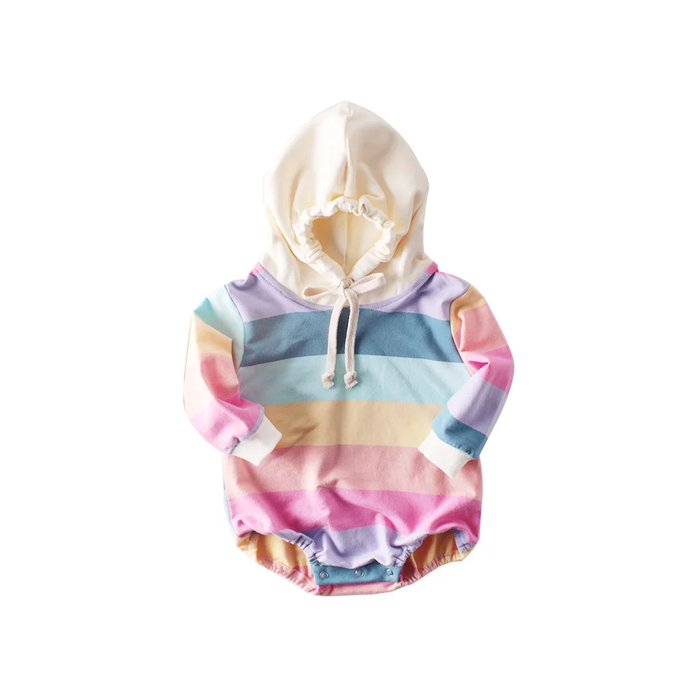 

2019 New Baby Girls Romper Rainbow Striped Hooded Romper Newborns Autumn Winter Long Sleeve Girls Clothes Toddler Outfits