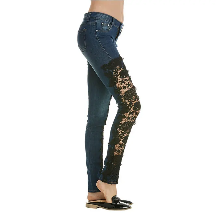 Уличная мода узкие джинсы кружевные брюки женские длинные кружевные джинсы белый/черный/темно-синий/светильник синий