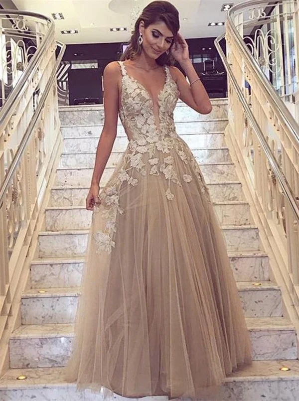 Элегантное Длинное платье для выпускного вечера, а-силуэт, глубокий v-образный вырез, цвет шампанского, тюль, платье для выпускного вечера с аппликацией, vestidos de fiesta