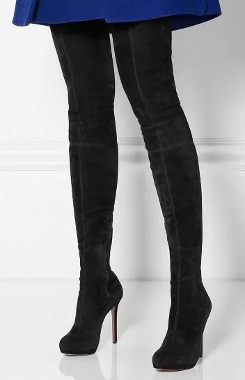 

Black Suede Platform Round Toe Stiletto Heel High Heel Winter Over The Knee Woman Boots Slim Thigh Long Boots Big Size 46