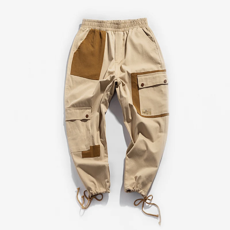 

YUECHEN Spring And Autumn New Youth Trend Casual Men Loose Elastic Waist Beam Foot Overalls Large Pocket Khaki Joggers