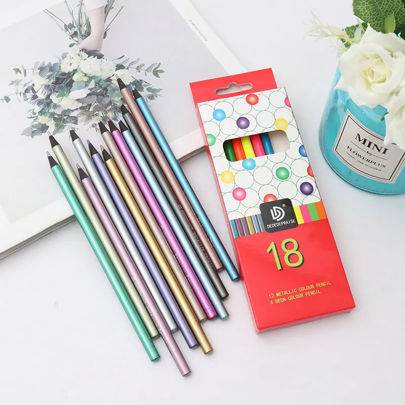 18 Colors / Set 12-color Metallic and 6-color Fluorescent Color Pencils High Quality Lead for Painting Drawing Art Supplies photo