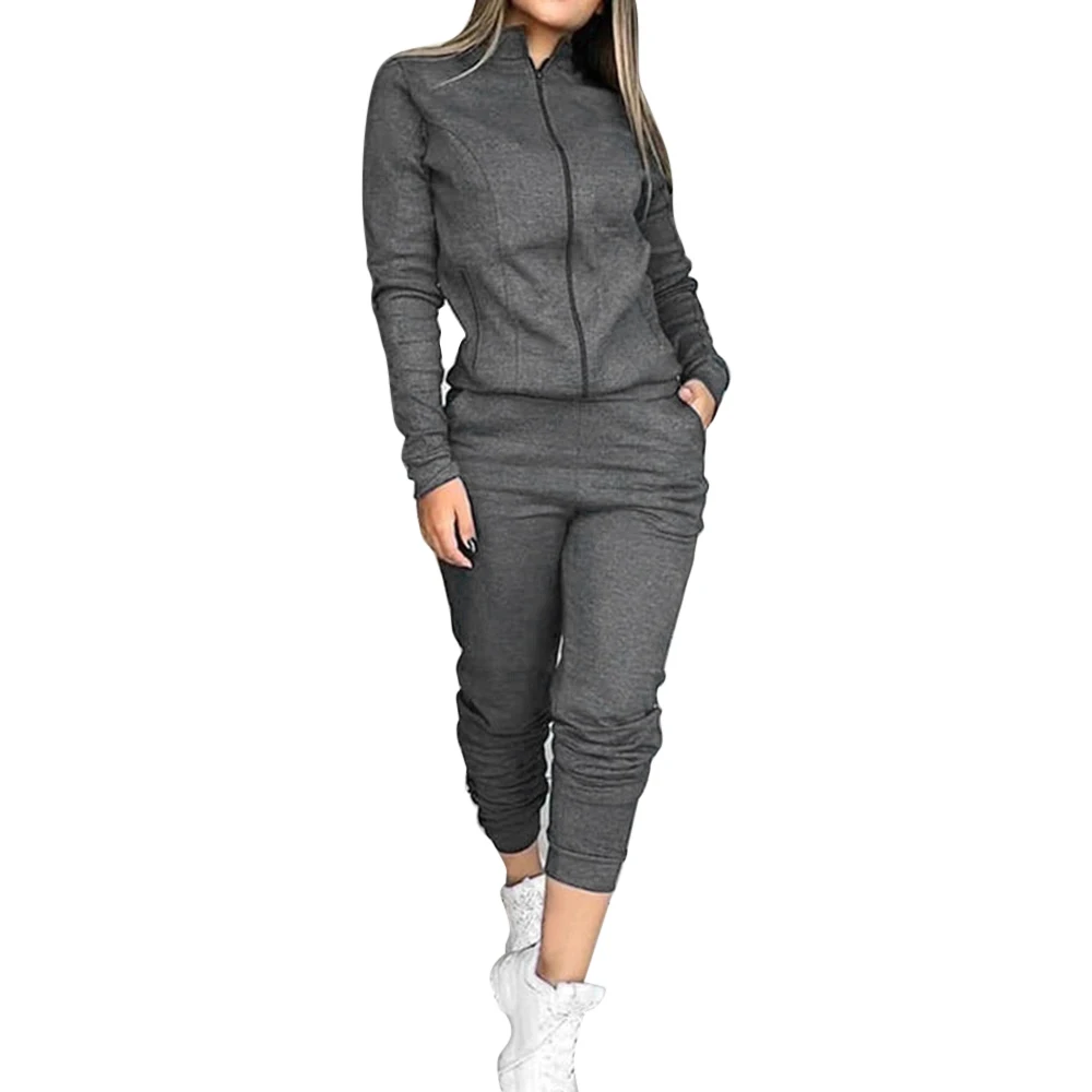 Laamei Fashion 2 Pieces Tracksuit Warm Sportwear Sets Women Autumn Zipper Jacket Sport Coat+Casual Jogger Sweatpants Sets - Цвет: Gray