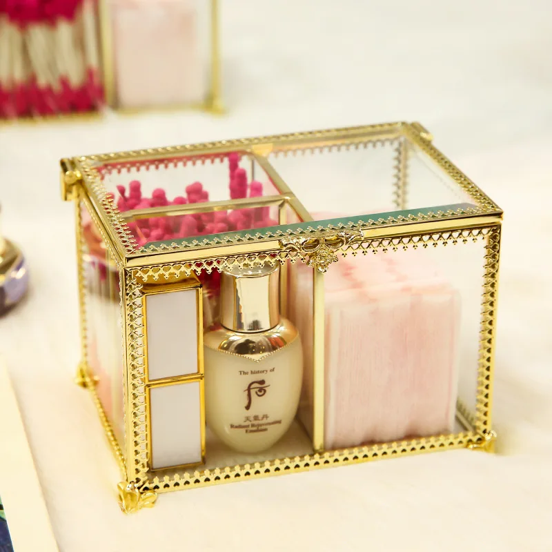 

Fashion Glass Makeup Organizer Desktop Dust-proof Cotton Swab Box Lipstick Holder Cosmetic Storage Box Jewelry Organizer