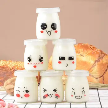 

6pcs 150ml Facial Expression Pudding Bottles Cute Face Heat-resistant Glass Jelly Yogurt Jar Containers (Random Pattern)