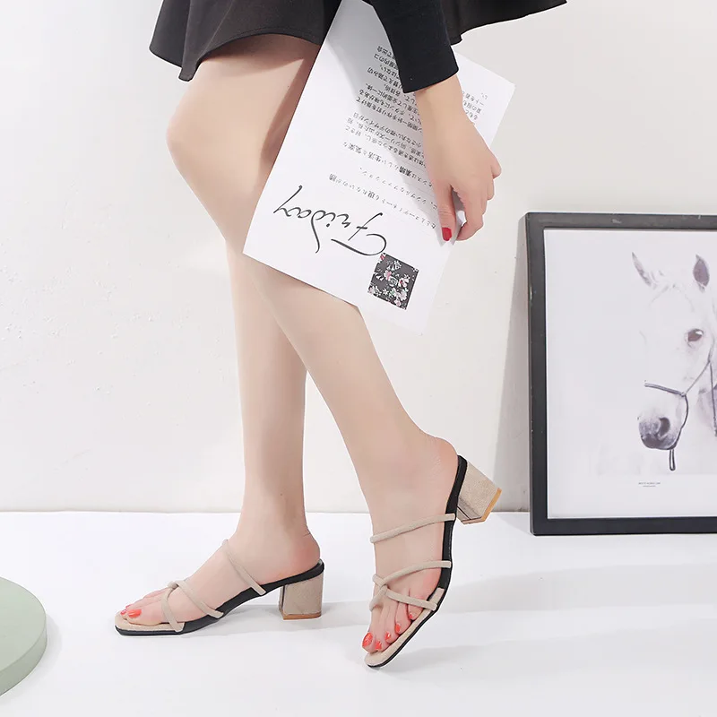 

2019 Summer New Style Fashion Outer Wear Chunky-Heel Slipper Women's Versatile High-Heel Rome Cross Straps Large Size WOMEN'S Sh