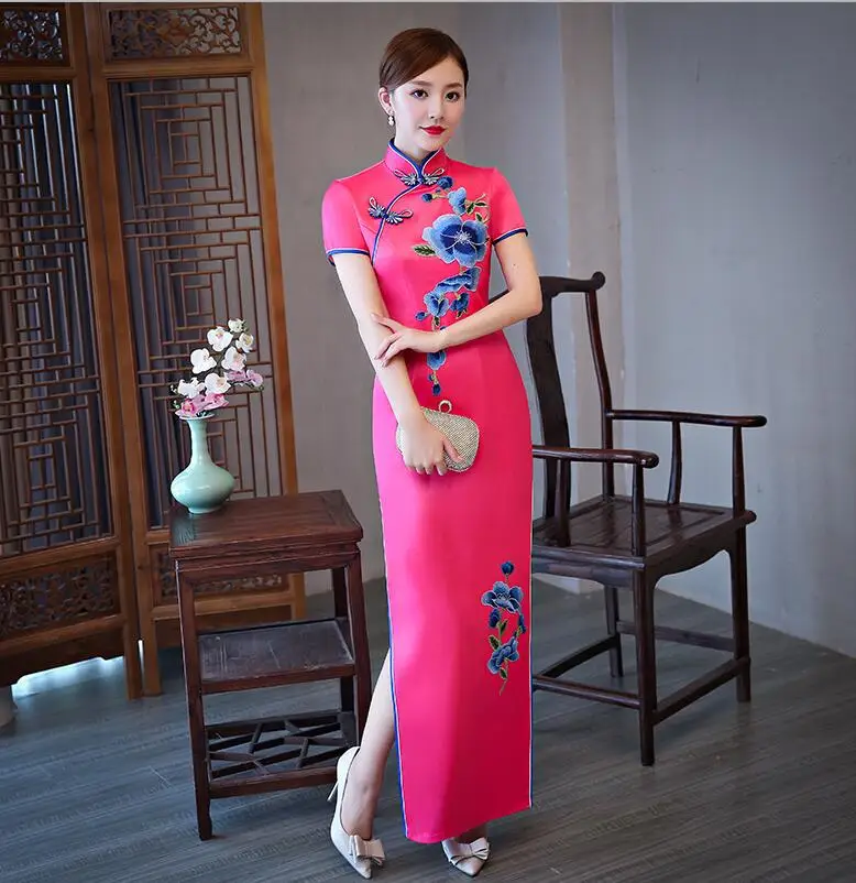 Зеленый китайский традиционный для женщин, из искусственного шелка Qipao Винтаж Cheongsam Новинка китайский формальный платье Плюс Размер M L XL XXL 3XL 4XL 5XL - Цвет: hot pink