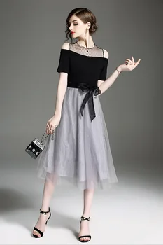 

European station 2020 summer new style, Europe and the United States fashion round-neck Mesh short-sleeved Patchwork dress