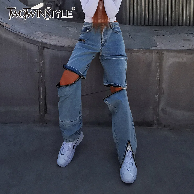 

TWOTWINSTYLE Streetwear Zipper Jeans For Women High Waist Straight Casual Wide Leg Denim Pants Female Fashion New Clothing 2020