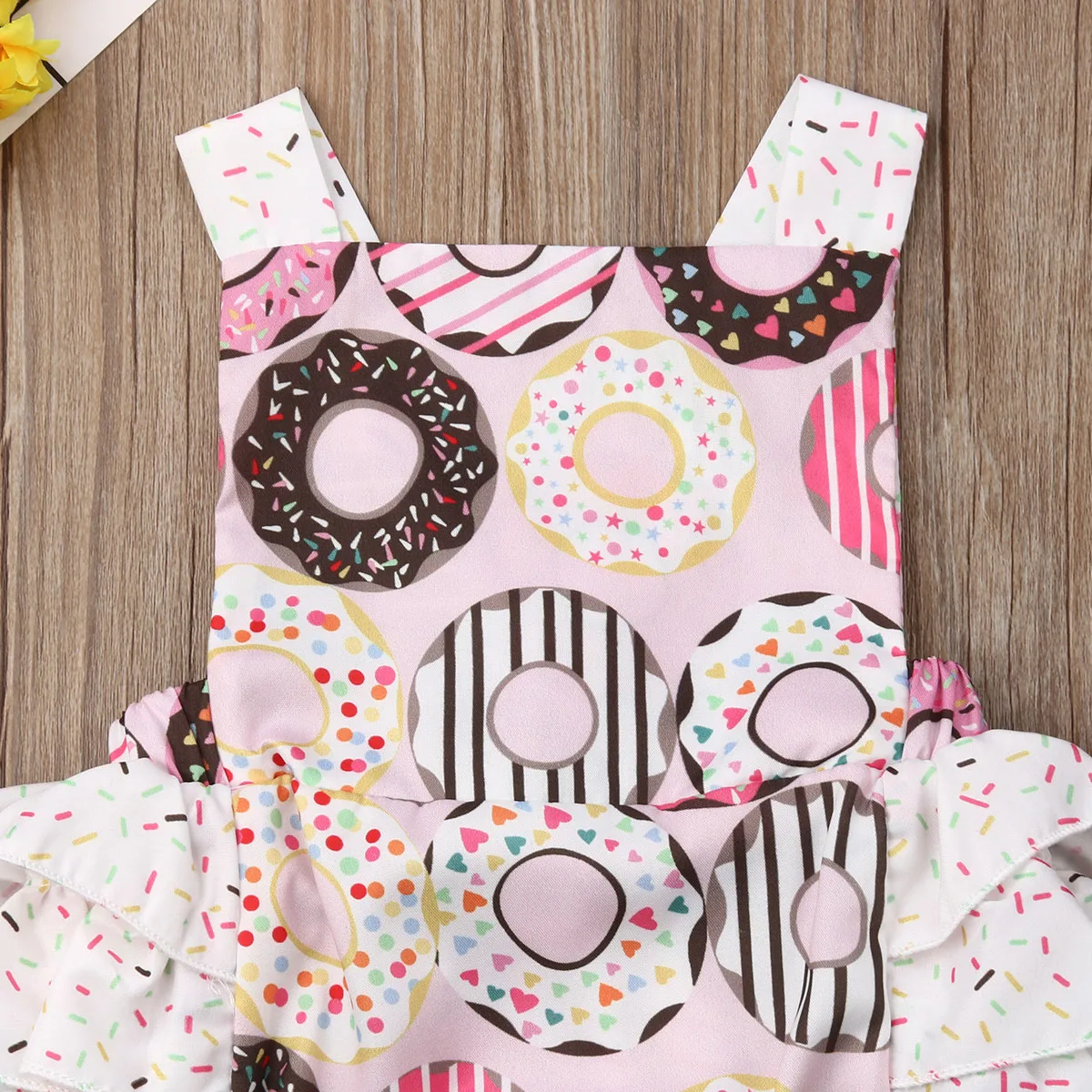 Pudcoco Newborn Baby Girl Clothes Sleeveless Doughnut Print Ruffle Romper Jumpsuit One-Piece Outfit Sunsuit Clothes 0-24M