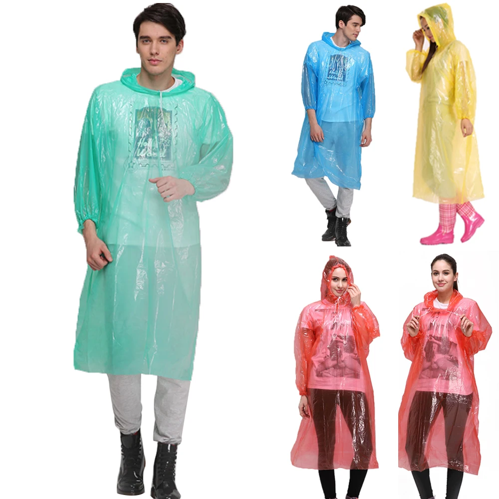 Adult Rain Poncho Red Waterproof Plastic Disposable Rain Hat Hood Ladies Mens 