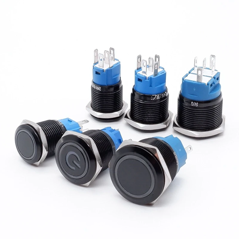 Черный кнопочный переключатель светодиодный светильник 16/19/22 мм