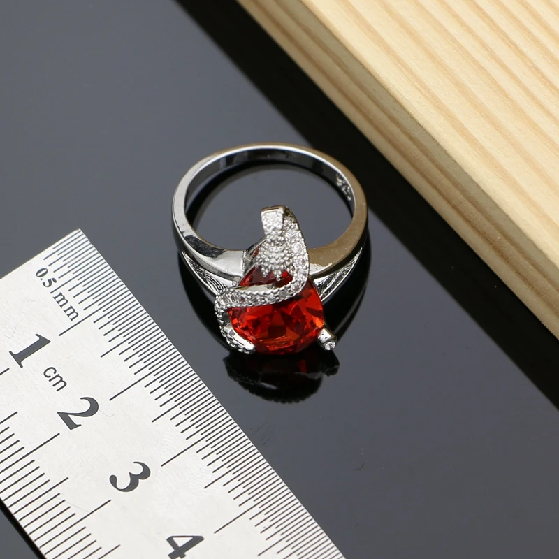Костюм 925 Серебряный свадебный ювелирный набор красный CZ для женщин серьги кольца дропшиппинг Дубай ювелирные наборы