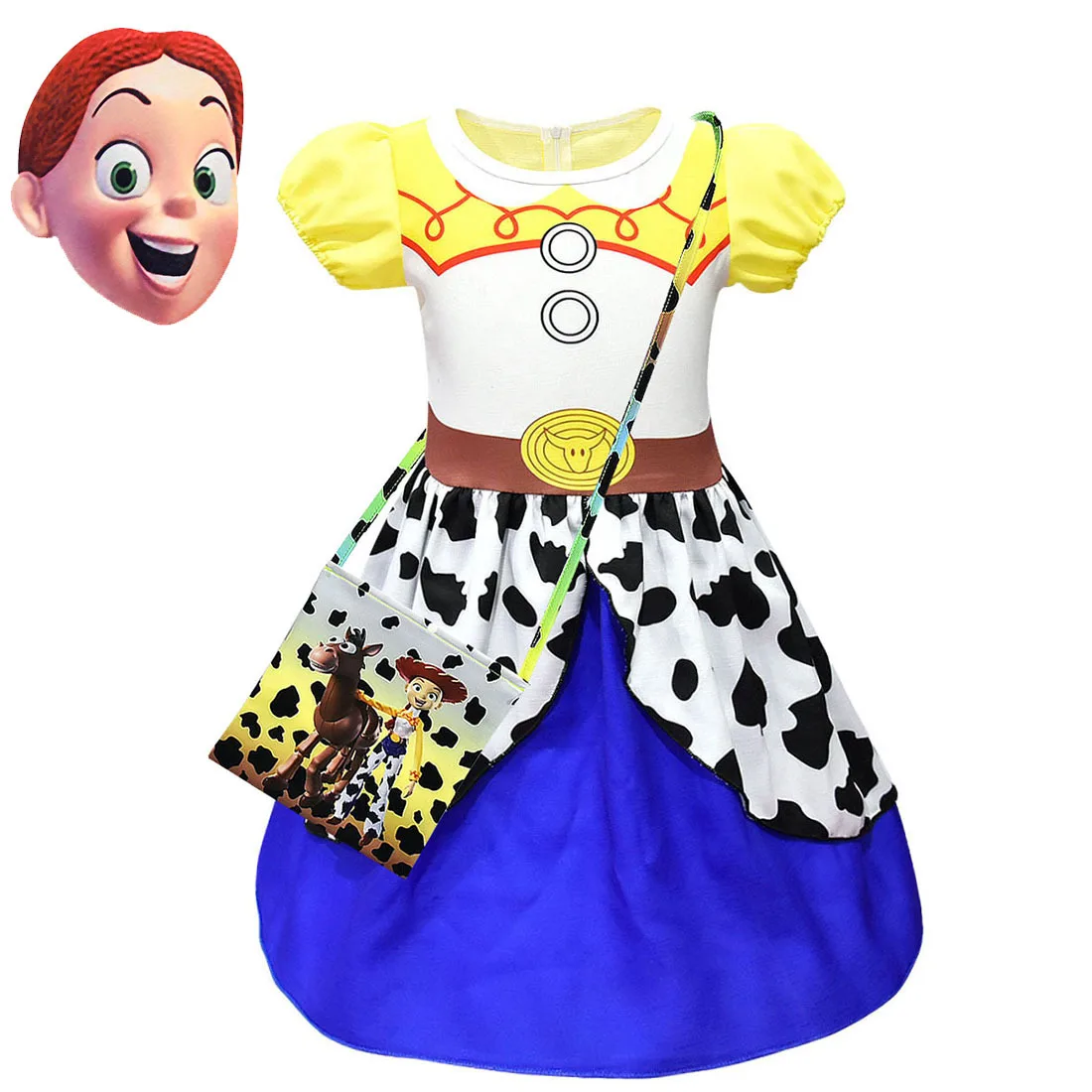 Детское платье для девочек с изображением Джесси из истории игрушек; Карнавальный костюм для девочек; платье с короткими рукавами и принтом для девочек; костюм на Хэллоуин для выступлений в стиле аниме - Цвет: dress mask bag