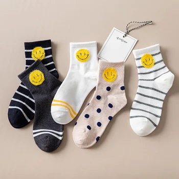 

1 Pair Japan Harajuku Smiling Face Cotton Casual Socks Funny Cute Striped Polka Dot Sports Socks Kawaii Happy Black White Socks