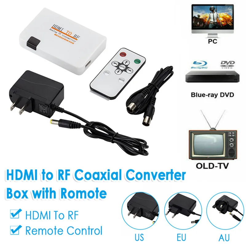 HDMI к радиочастотному коаксиальному конвертеру Кабель-адаптер с пультом дистанционного управления для преобразования ТВ-передатчика США/ЕС/Великобритании