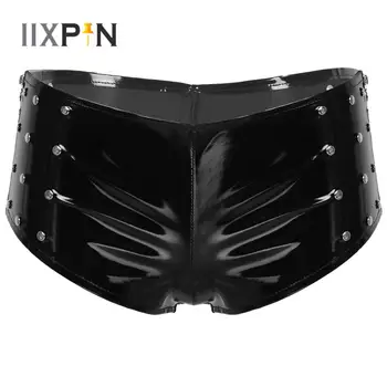 

Womens Pole Dance Shorts Rivet Side Zipper Decor Hot Pants Briefs Clubwear Wet Look Leather Rave Clothes for Stage Performance