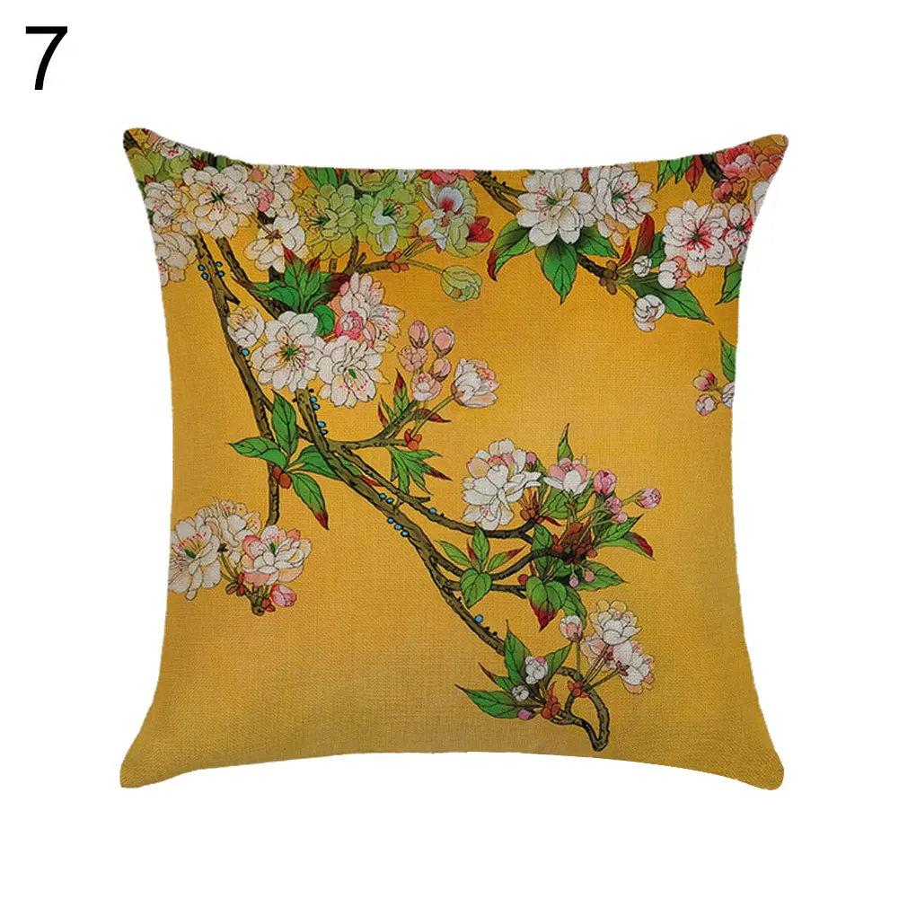 Linen Flower Bird Tree Throw Pillow Case Cushion Cover Home Sofa Cafe Car Decor Throw Pillow Cover Chinese Flowers Pillowcases - Цвет: 7