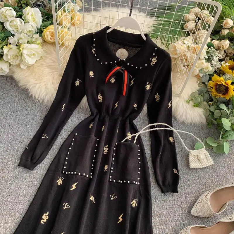 ALPHALMODA трикотажное платье поло г. Осеннее Новое винтажное платье с длинными рукавами для девочек с вышивкой и бисером