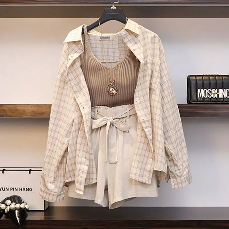 

3 Piece/Set Summer Autumn Women Three piece sets Casual Linen Plaid Tops + Shorts Elastic Waist Wide Leg Pants Suit Set