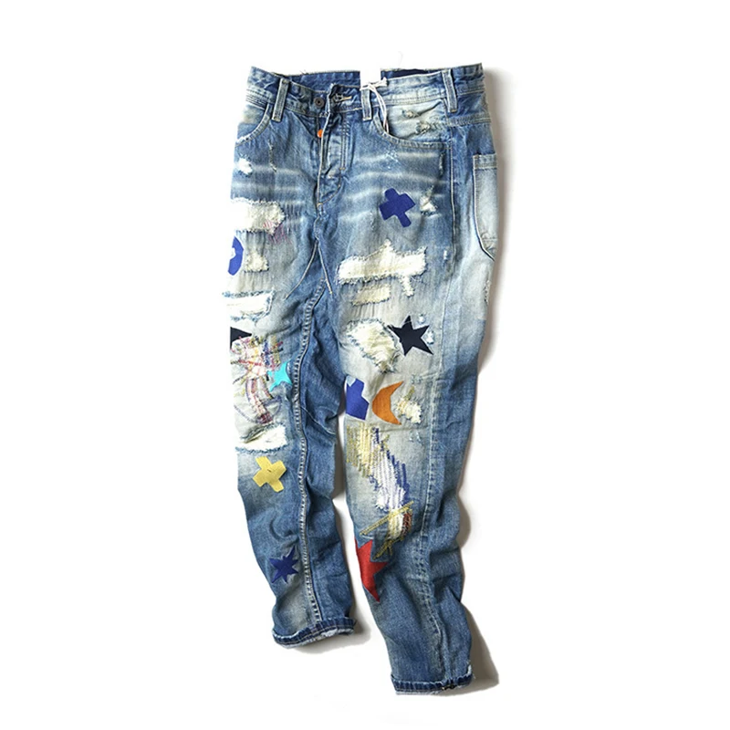 Марка New fashion Hi Street Мужская Мода рваные, потертые джинсы с рисунком пентаграммы Джинсы с вышивкой мужской в стиле «хип-хоп», джинсы