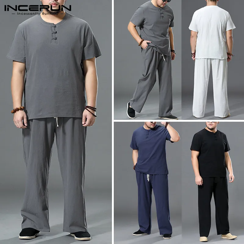 Vintage Men Sets Cotton Solid Short Sleeve Streetwear O Neck T Shirt Drawstring Pants 2020 Casual Men's Suits 2 Pieces INCERUN Vintage Men Sets Cotton Solid Short Sleeve Streetwear O Neck T Shirt Drawstring Pants 2020 Casual Men's Suits 2 Pieces INCERUN