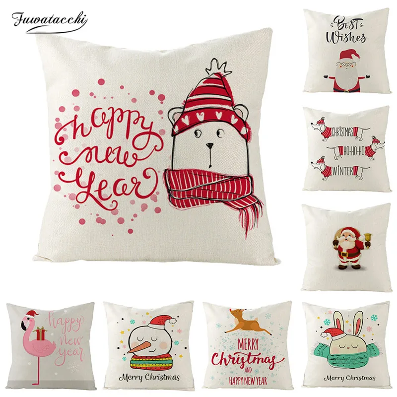 

Fuwatacchi Christmas Cushion Cover Linen Santa Claus Printed Throw Pillows Case for Home Sofa Decorative Pillows Cover 45*45cm