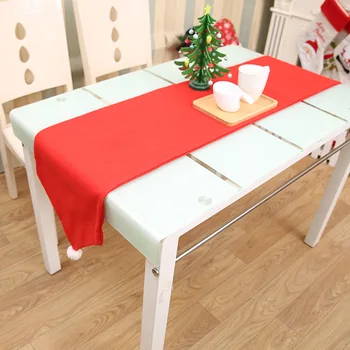 

Christmas Table Runner Home Decorations Dining Centerpiece Tablecloths Festival Hotel Supplies Solid Red Center Table With Pompo