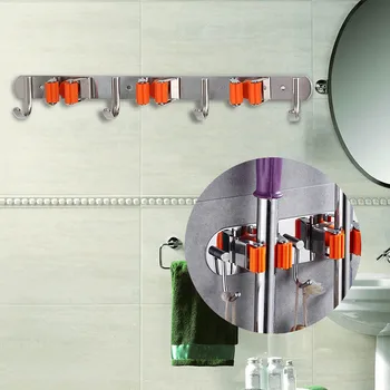 

Broom Mop Holder Sprung Steel Wall Mount 3 Quick Release+4 Hooks Wall Rack Garden Tools Storage JS22