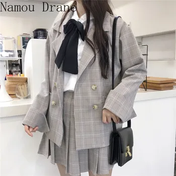 

preppy style plaid suit blazers and pleated skirt two-piece set college style outfits coats and skirt set Mori girl