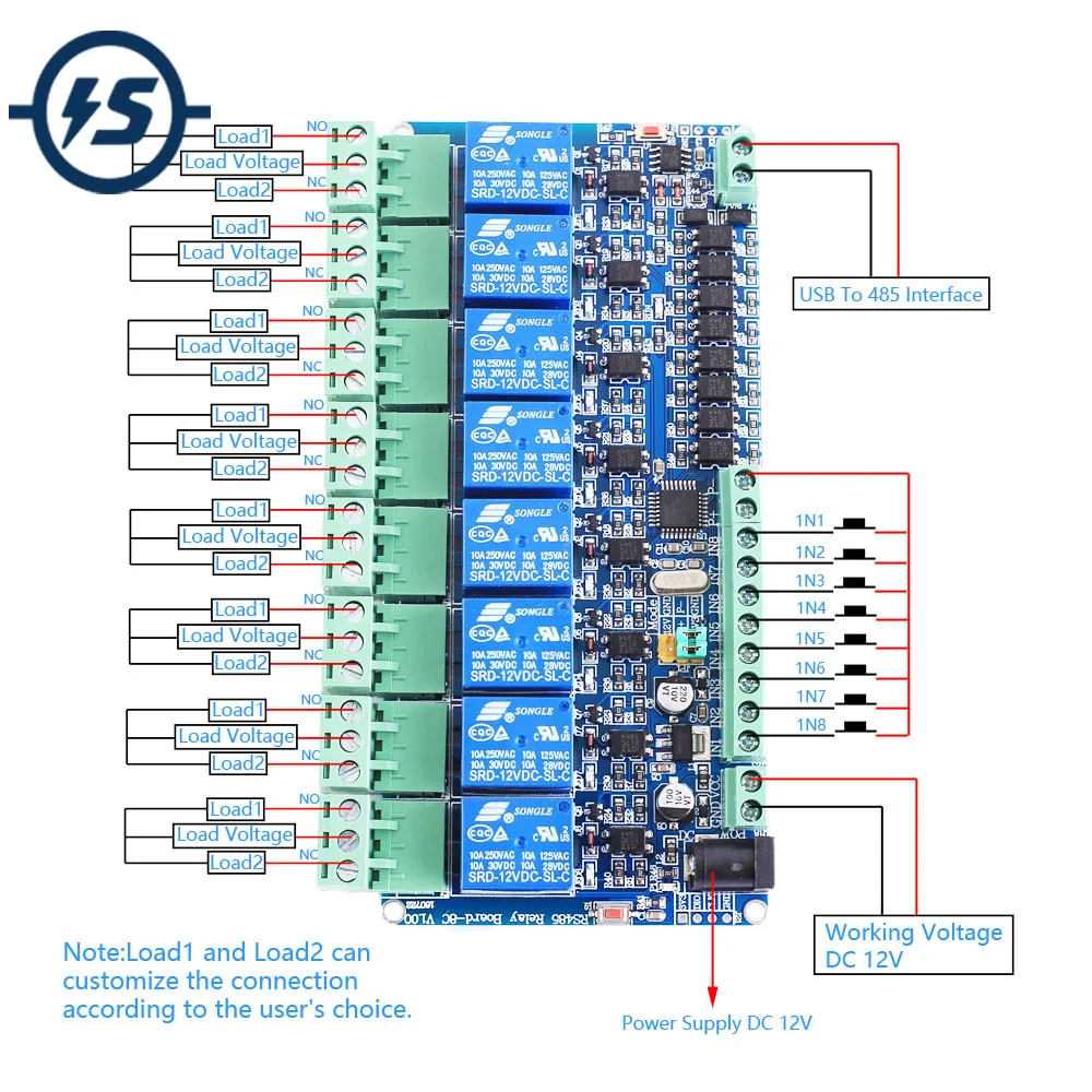 For Arduino Rs485 Modbus-rtu 12v 8bit Relay Module Ttl 8-channel Delay ...