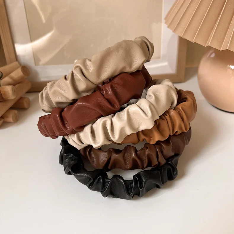 

2021 New Korean Vintage Pu Leather Wrinkle Hair Hoops Fashion Headband For Women Girls Hair Accessories